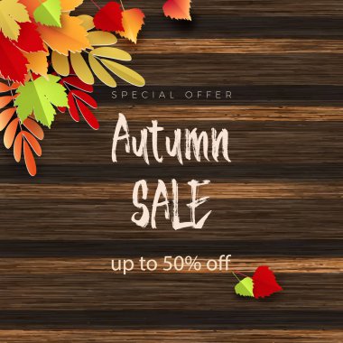 Sonbahar satış metin vektör banner tasarımı renkli sonbahar mevsim yaprakları ile mevsimlik promosyon için ahşap arka plan hizaya indirim pazarlama.
