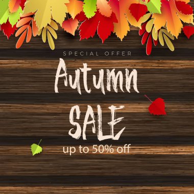 Sonbahar satış metin vektör banner tasarımı renkli sonbahar mevsim yaprakları ile mevsimlik promosyon için ahşap arka plan hizaya indirim pazarlama.