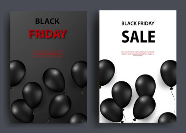 Siyah Cuma satış dikey bannerlar. Parlak balonlar bir karanlık ve beyaz arka plan üzerinde uçan. Vektör