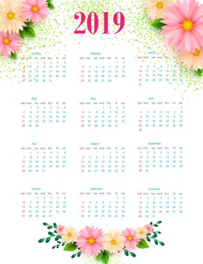 2019 takvim. Takvim modern tasarım şablonu poster. Hacimli çiçekli parlak poster. Hafta Pazar günü başlar. Vektör illustratration