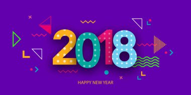 Yeni yıl kartı 2019 yılında modern arka plan üzerinde yaratıcı tasarım. Parlak poster memphis tarzı. Bir temel geometrik öğeleri ve renk numaralarını.
