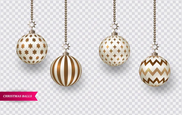 Set Van Realistische Brown Gouden Kerstballen Met Verschillende Patronen Vectorillustratie — Stockvector