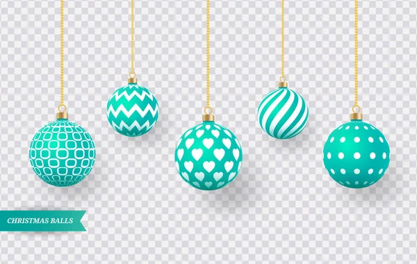 Set Van Realistische Groene Kerstballen Met Verschillende Patronen Vectorillustratie — Stockvector