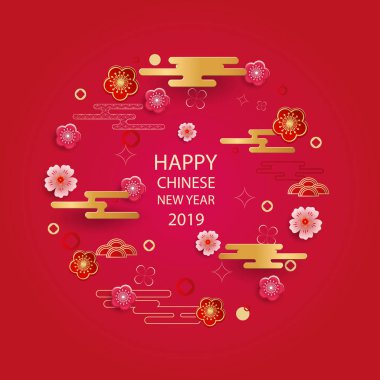 Parlak afiş 2019 yeni yıl Çince unsurları ile. Desenler, modern tarzda geometrik dekoratif süsler. Vektör çizim