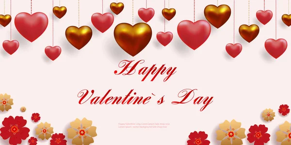 Gerçekçi Renkli Kırmızı Altın Happy Valentine Günü Selamlar Yüzen Romantik — Stok Vektör