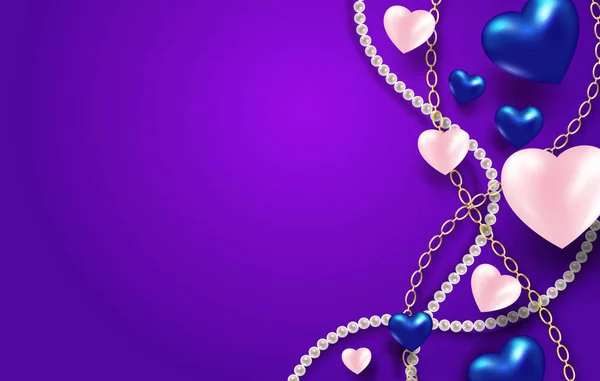 Metallic Blue White Hearts Beads Chains Bright Purple Background Decorative — Stock Vector