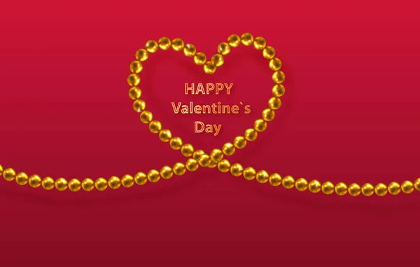 Χρυσές χάντρες σε σχήμα καρδιάς για ένα λαμπερό κόκκινο φόντο. Διακοσμητικά αγάπη αντίληψη για την ημέρα του Αγίου Βαλεντίνου ή γάμο. Πώληση πανό. Θέση για το κείμενό σας. Διάνυσμα — Διανυσματικό Αρχείο