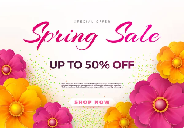 Modelo de banner de venda de primavera com flores de primavera de papel para compras online de mulheres, ilustração vetorial. Venda de primavera. Coloque para o seu texto. Vetor — Vetor de Stock