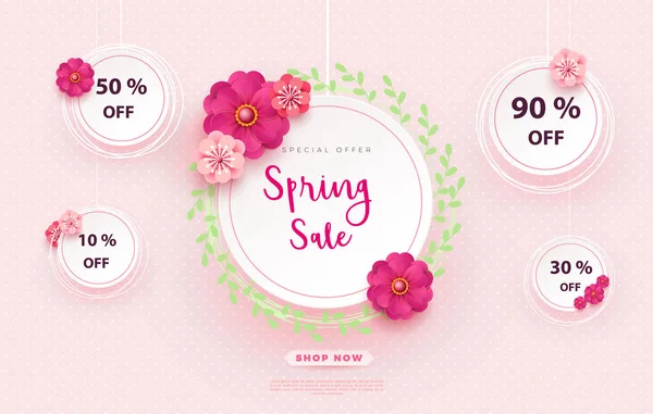 Frühling Verkauf s Banner Vorlage mit Papierblume auf bunten hintergründigen Illustration. — Stockvektor