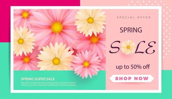 Frühlingsverkauf Banner Vorlage mit Papier Frühlingsblumen für Online-Shopping von Frauen, Vektor-Illustration. Frühlingsverkauf. Platz für Ihren Text. Vektor — Stockvektor