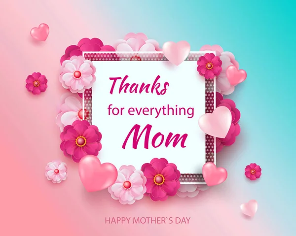 Tarjeta de felicitación del Día de la Madre con marco cuadrado y flores cortadas en papel sobre colorido fondo geométrico moderno. Ilustración vectorial . — Vector de stock