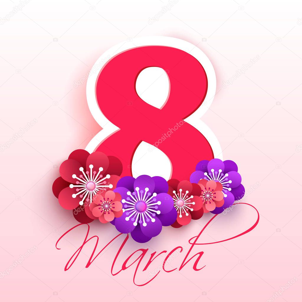 Abstract Floral Greeting card with 8 March - paper cut style greeting card, gift card. International Women s Day. Applique Trendy Design Template. Vector