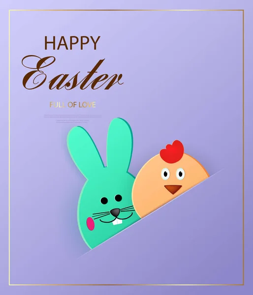 Happy Easter. Easter bunny and chick looking at the purple background. Template for greeting card. Paper cut style.