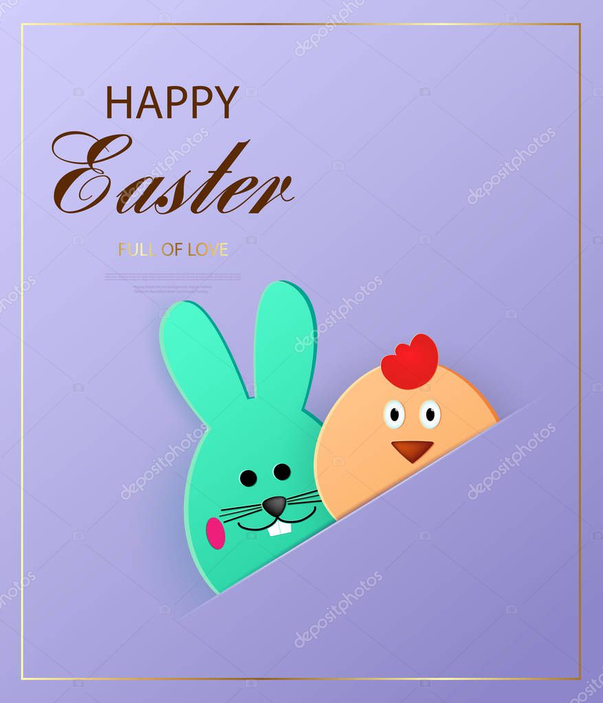 ✓ Happy Easter. Easter bunny and chick looking at the purple In Easter Chick Card Template