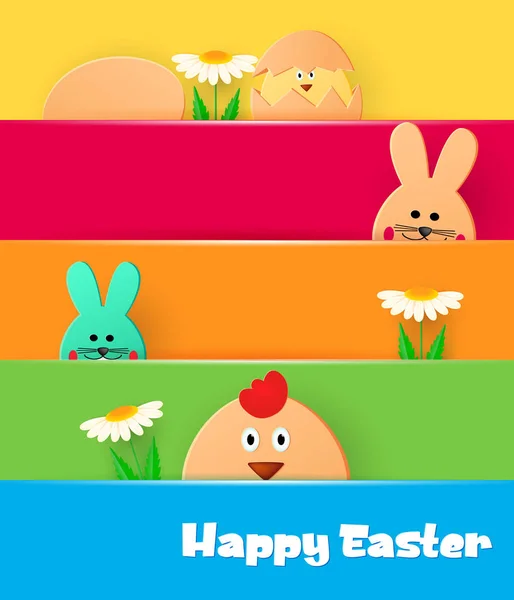 Tarjeta de felicitación brillante con Feliz Pascua. Conejito de Pascua y pollo mirando sobre un fondo claro . — Vector de stock