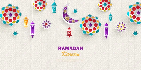Ramadán Kareem concepto bandera horizontal con patrones geométricos islámicos. Flores cortadas en papel, farolillos tradicionales, luna y estrellas . — Archivo Imágenes Vectoriales