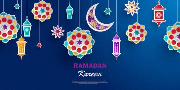 Ramadán Kareem banner concepto con patrones geométricos islámicos . — Archivo Imágenes Vectoriales