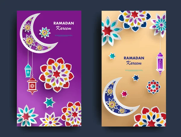 Ramadan Kareem verticale banners met 3D Arabesque sterren en bloemen. — Stockvector