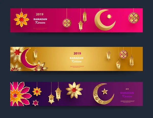 Ramadán Kareem pancartas horizontales con 3d arabesco estrellas y flores . — Archivo Imágenes Vectoriales