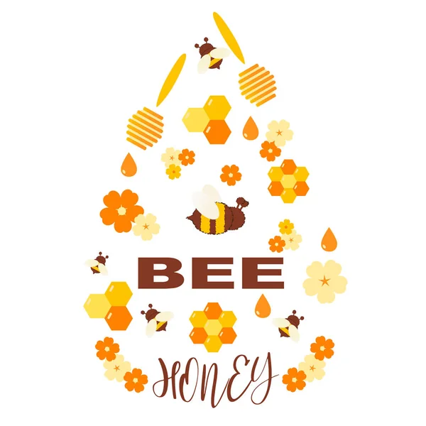Ploché ilustrace vektorových výrobků z medu. Organický a přírodní med. Kapky medu, včely, medonosné, květiny izolované na bílém. Šablona návrhu pro včelařství a medonosné reklamy. Vektorové — Stockový vektor
