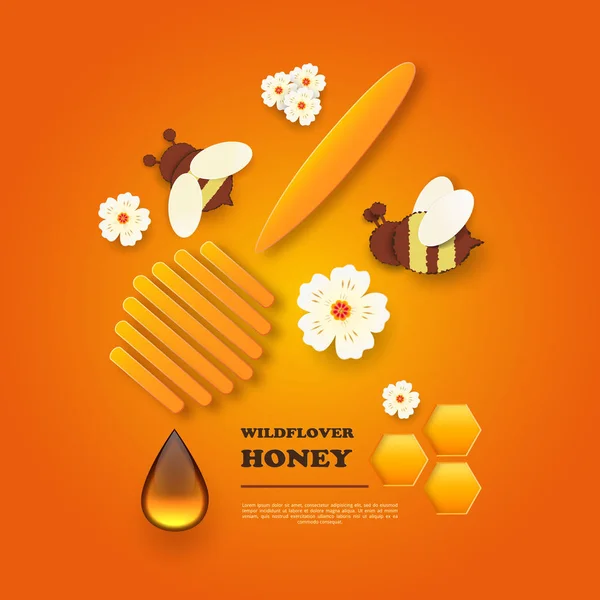 Papel cortado como una abeja con panales. Plantilla de diseño para la apicultura y la publicidad de miel. Fondo naranja. Lugar para tu mensaje. Vector — Vector de stock