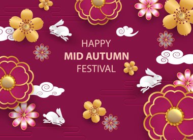 Kağıt ile beyaz tavşan Chuseok festivali için geometrik arka plan üzerinde Çin bulutlar ve çiçekler kesti. Vektör