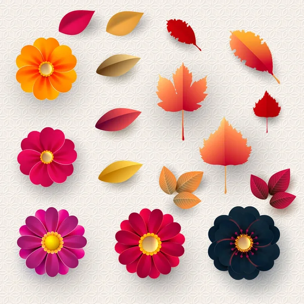 Conjunto de flores de papel multicoloridas e folhas de outono. Elementos de design para cartões, cartazes, vouchers. Decorações de casamento.Vetor — Vetor de Stock