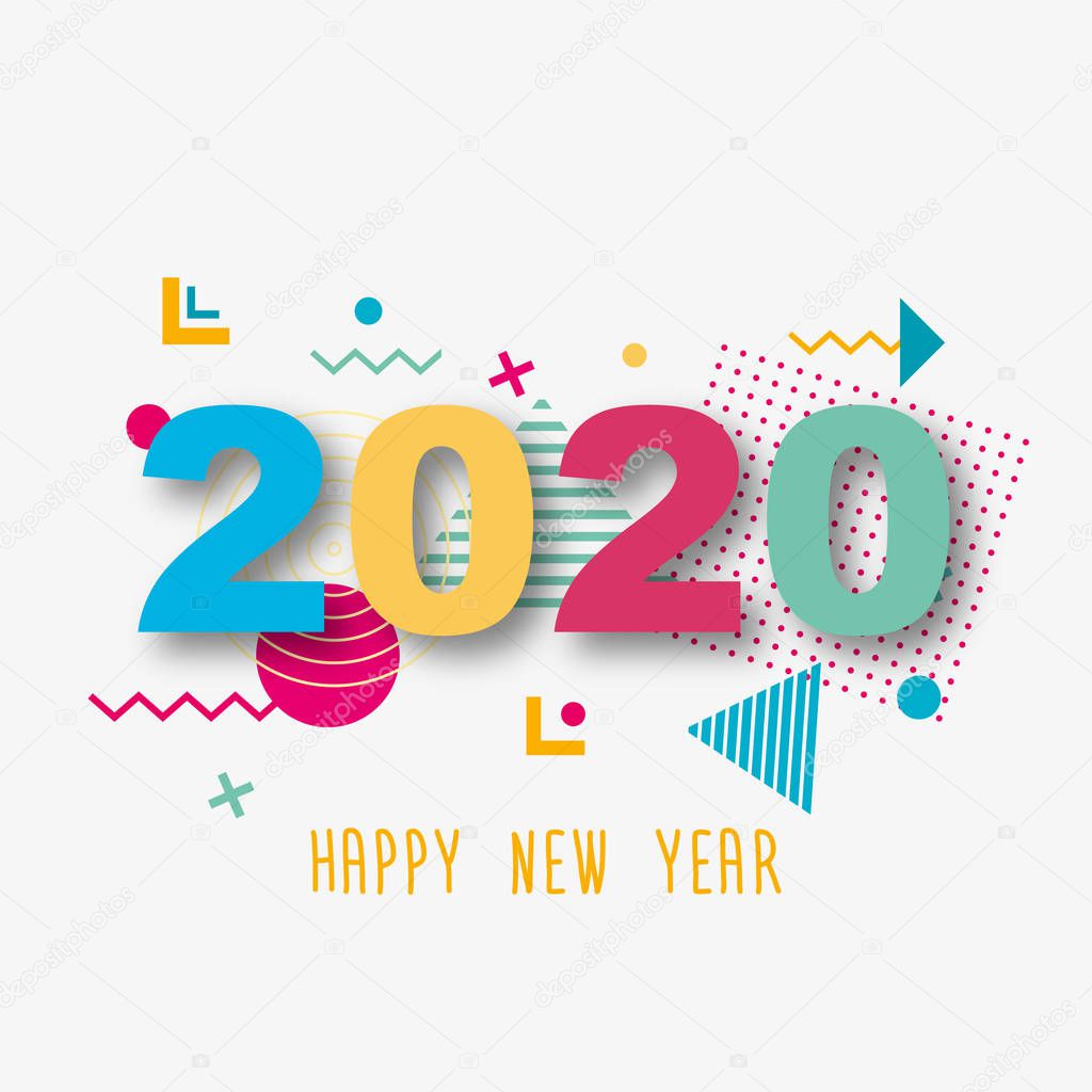 Creative design of a New Year card of 2020 on a modern background. Bright poster in the style of Memphis. Base of geometric elements and color numbers. Vector i