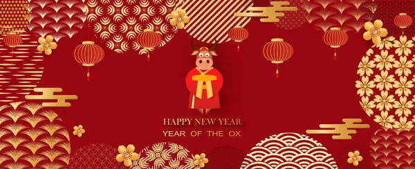 Čínský Nový rok 2021 rok býka. Býk, květiny a asijské prvky .Vector — Stockový vektor