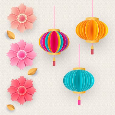 Vektör Çin 3 boyutlu kağıt, rozetler, bulutlar ve sakura çiçekleri. Parlak çiçekler ve fenerler. Kağıt stili. Mutlu yıllar 2021 Vektör