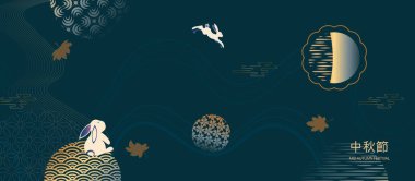 Mutlu sonbahar festivali afişleri. Zıplayan tavşanlar ve karanlık arka planda dolunay. Vektör çizimi. Çince çeviri: Sonbahar Festivali