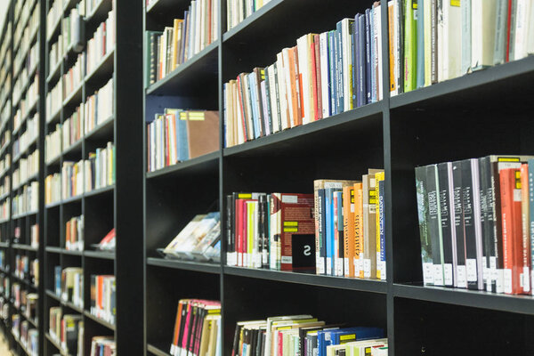 VILNIUS, LITHUANIA - APRIL 2018 -  Bookshelves with a huge numbe