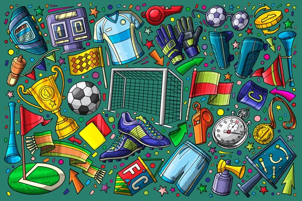 Fútbol, fútbol doodle conjunto vector ilustración fondo — Vector de stock