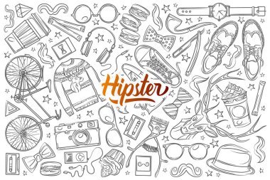 El çekilmiş hipster öğeleri ve giyim.