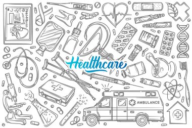Elle çizilmiş helthcare doodle vektör arka plan belirleme
