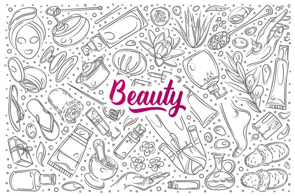 Ensemble de beauté dessiné à la main fond vectoriel doodle — Image vectorielle