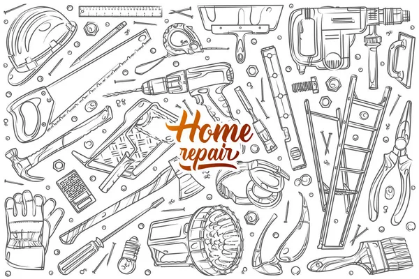 Hand drawn home repair set doodle vector background — Stock Vector