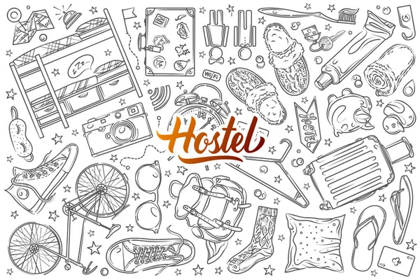 Elle çizilmiş hostel doodle vektör arka plan belirleme