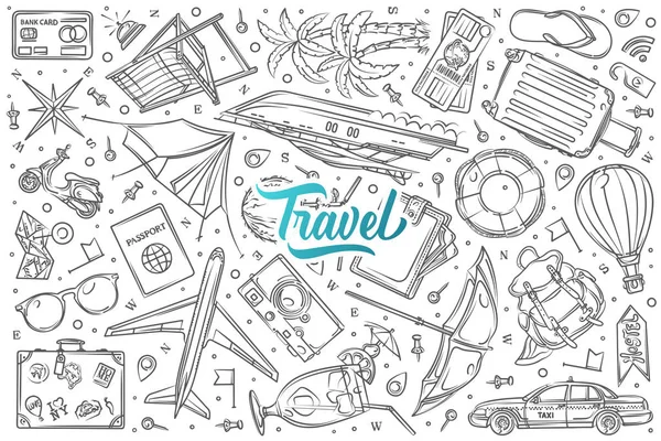 Viaggio disegnato a mano, set vacanza sfondo vettore doodle — Vettoriale Stock