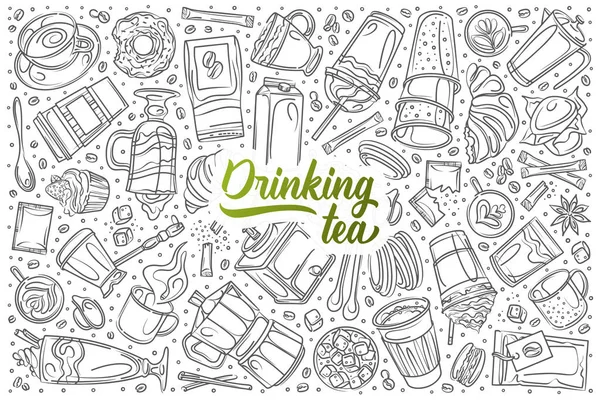 Set da tè da bere disegnato a mano sfondo vettore doodle — Vettoriale Stock
