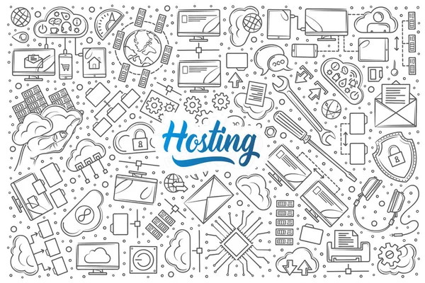 Hand drawn hosting set doodle vector background — Stock Vector