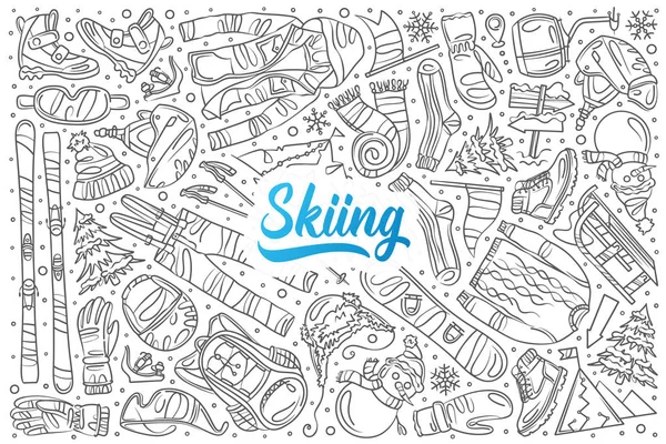 Ensemble de ski dessiné à la main fond vectoriel doodle — Image vectorielle