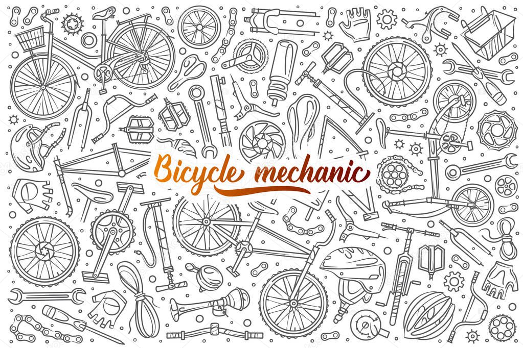 Hand drawn bicycle mechanic set doodle vector background