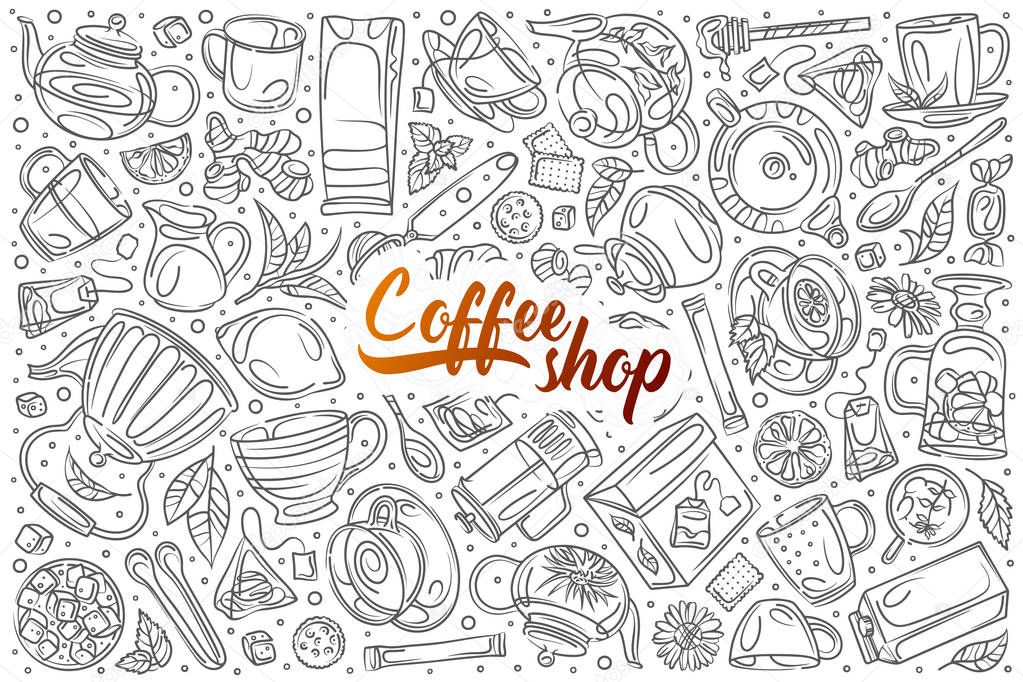 Hand drawn coffee shop set doodle vector background