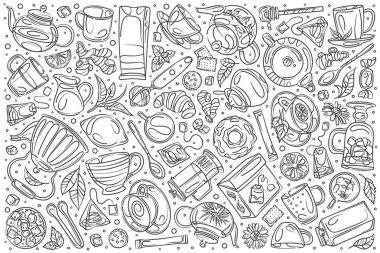 El çekilmiş kahve dükkanı doodle vektör arka plan belirleme