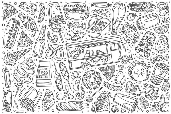 Juego de camión de comida dibujado a mano doodle vector fondo — Vector de stock