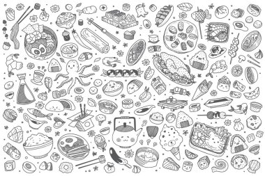 Elle çizilmiş Japon yemekleri doodle vektör arka plan belirleme