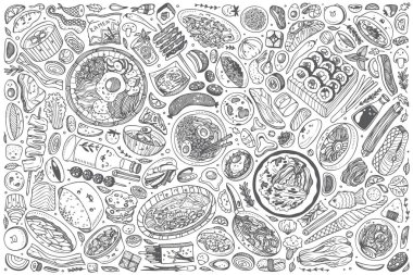 Elle çizilmiş Kore yemeği doodle vektör arka plan belirleme