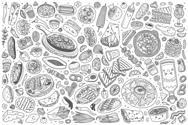 Hand drawn Mexican food set doodle vector background — Stock Vector