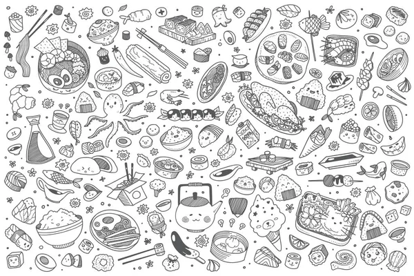 Hand gezeichnet japanisches Essen Set Doodle Vektor Hintergrund — Stockvektor